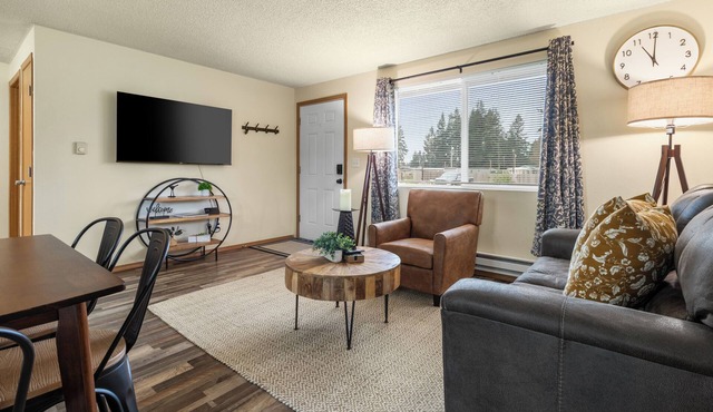 This two bedroom home has a fully fenced yard, air conditioning, fully stocked kitchen, full size washer/dryer and all the modern amenities of home but whimsically decorated with a farmhouse fun vibe! in Centralia