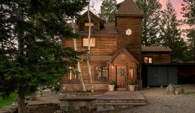 Whimsical Castle Retreat with Sauna, Fireplaces, Forest Setting Near Denver in Evergreen